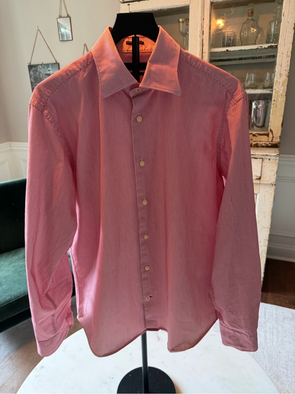 Sacoor Brothers Men's Slim Fit Dress Shirt Red White Stripe Double Twisted Yarns
